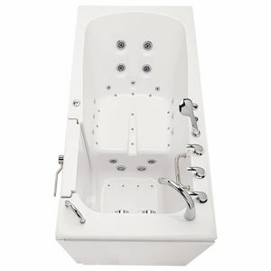 White walk-in bathtub with closed entry door, contoured seat, multiple hydrotherapy jets, handheld shower, and dual chrome faucets, viewed from above.