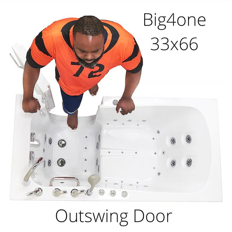 Man stepping into the "Big4one 33x66" walk-in bathtub through its outswing door, shown from above with hydrotherapy jets, built-in seat, grab bar, and chrome faucet visible.
