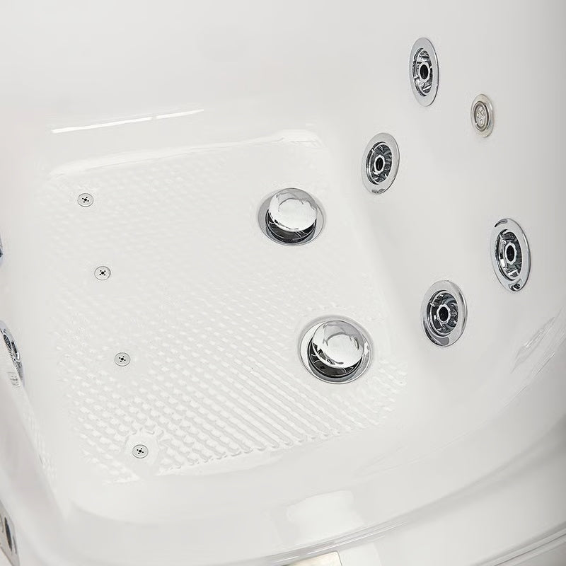 Close-up of the textured seat floor and multiple chrome hydrotherapy jets on a white walk-in bathtub.