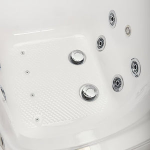 Close-up of the textured seat floor and multiple chrome hydrotherapy jets on a white walk-in bathtub.