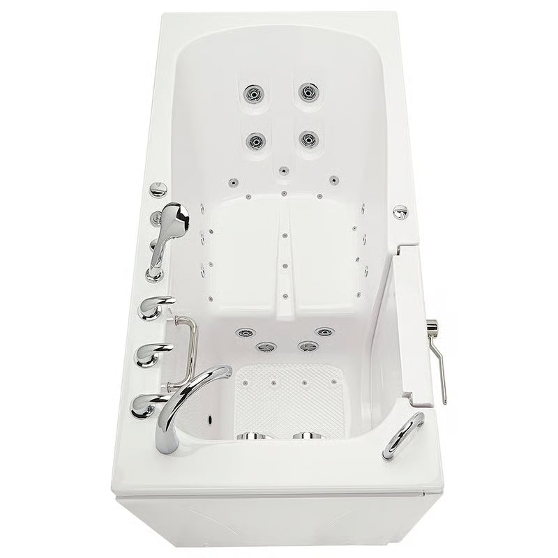 White walk-in bathtub with closed entry door, textured seat floor, multiple hydrotherapy jets, handheld shower, and dual chrome faucets, viewed from above.