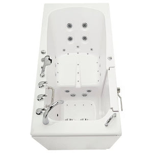 White walk-in bathtub with closed entry door, textured seat floor, multiple hydrotherapy jets, handheld shower, and dual chrome faucets, viewed from above.