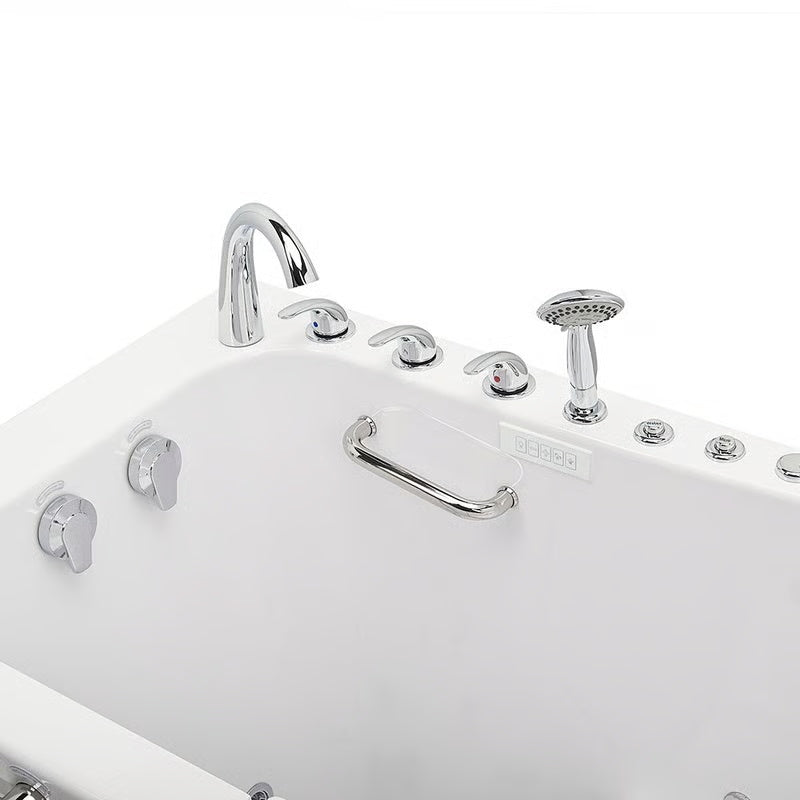 Close-up of a white walk-in bathtub's control end, showing chrome faucet, handheld shower, control panel, hydrotherapy jet dials, and grab bar.