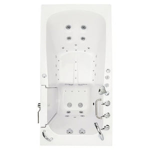White walk-in bathtub with entry door open, textured seat floor, multiple hydrotherapy jets, handheld shower, grab bar, and chrome faucet, viewed from above.