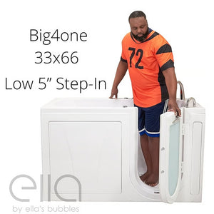 Big4one 33x66 walk-in bathtub with a man stepping in through the low 5-inch entry threshold, chrome grab bar visible, Ella by Ella's Bubbles logo in bottom left.