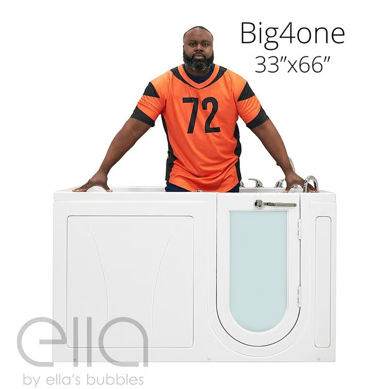 Big4one 33 by 66 inch walk-in bathtub with a man standing behind it, hands resting on the rim, Ella by Ella's Bubbles logo in bottom left.