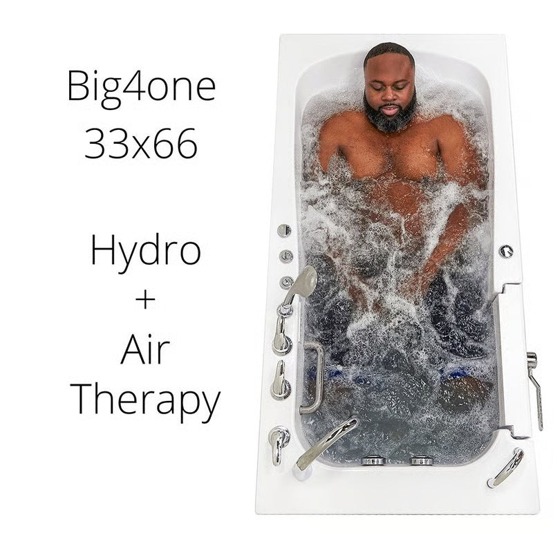 Big4one 33x66 walk-in bathtub with a man submerged in active hydro and air therapy jets, viewed from above.