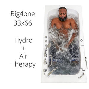 Big4one 33x66 walk-in bathtub with a man submerged in active hydro and air therapy jets, viewed from above.