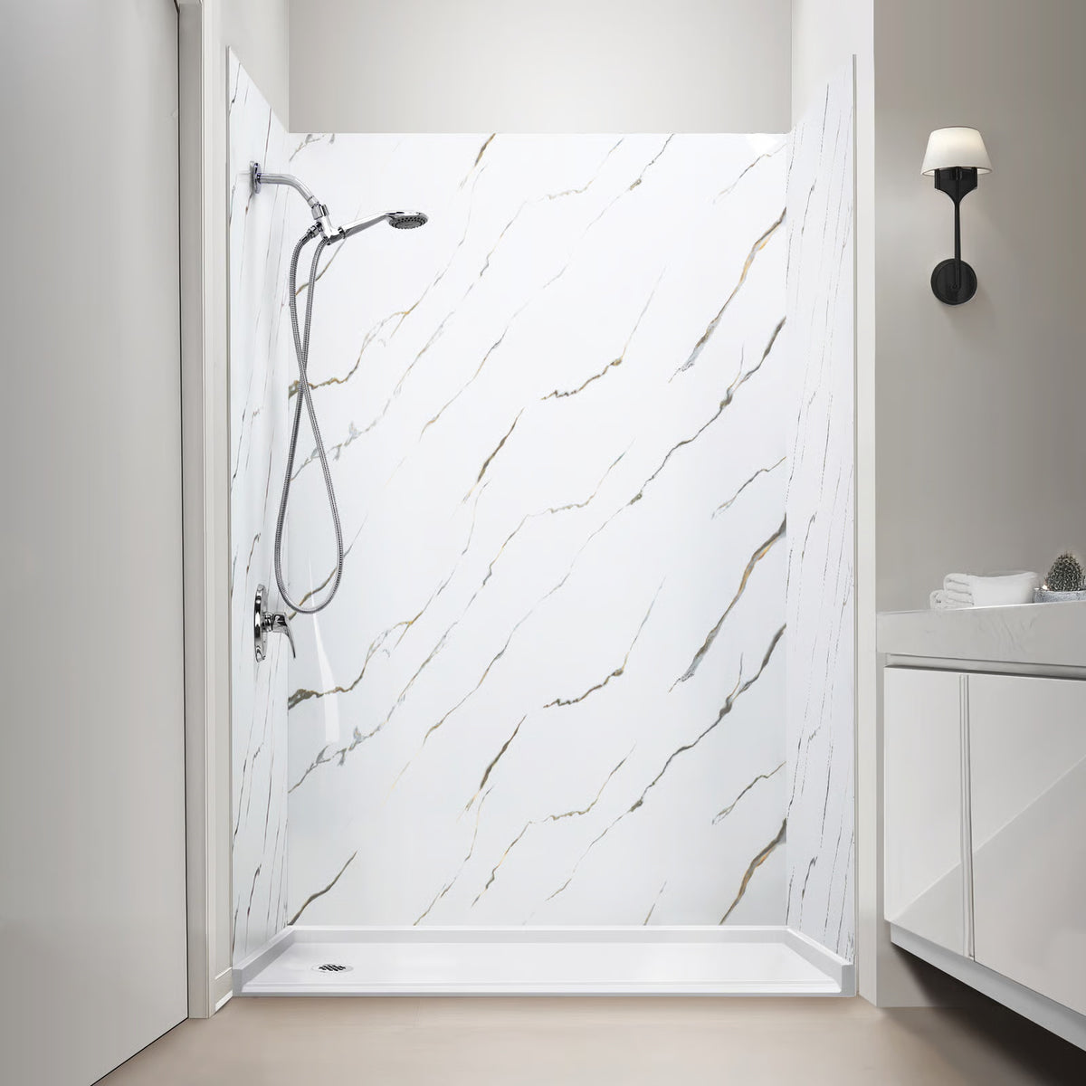 Ella's Bubbles Calacatta Gold, Acrylic 3-Panel Shower Wall Kit Surround 40″ x 60″ x 98″ SW-406098-CG