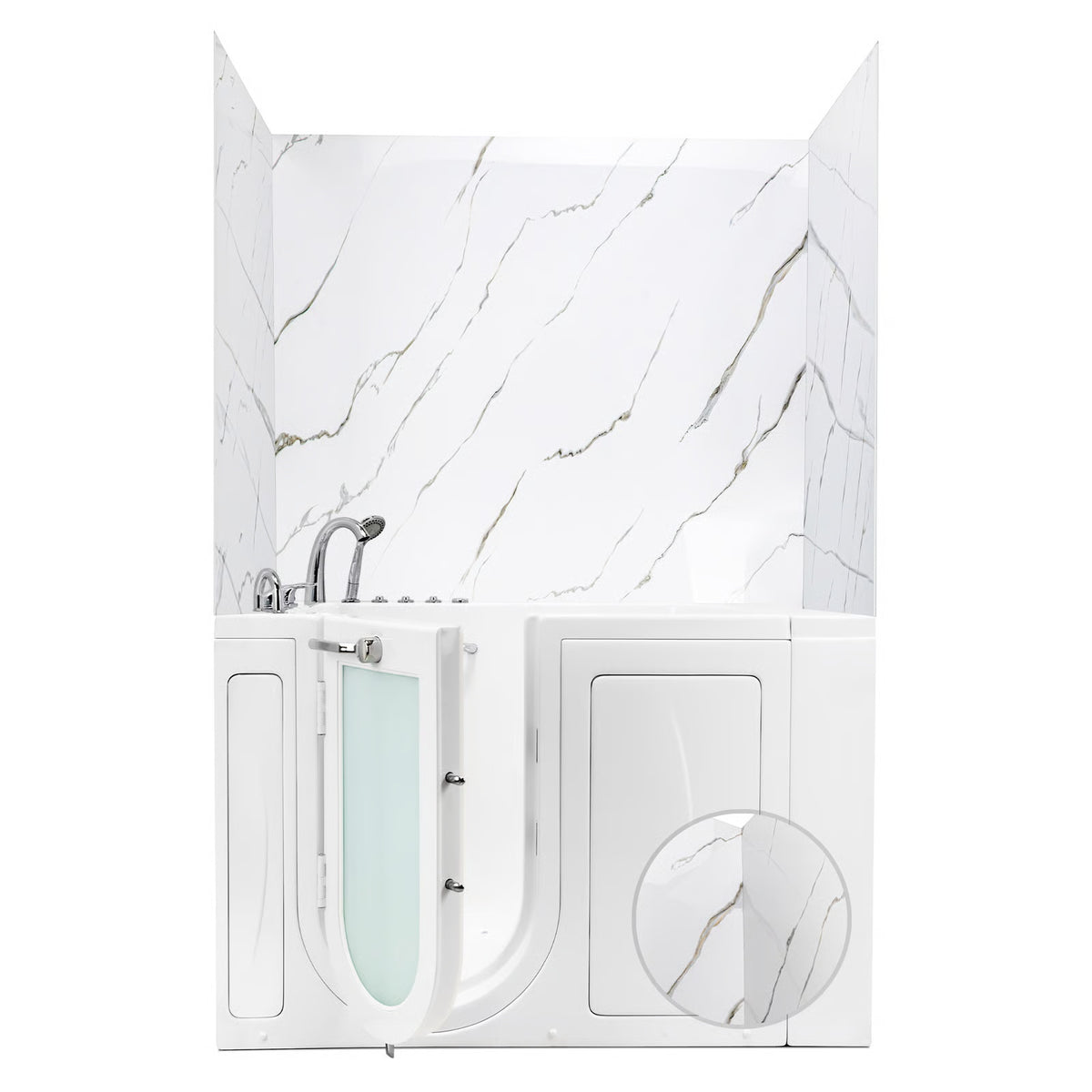 White walk-in bathtub with side entry door and white-and-gold marble-pattern wall surround, chrome faucet and handheld showerhead, with a circular close-up of the marble texture overlaid on the door panel.