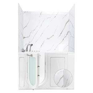 White walk-in bathtub with side entry door and white-and-gold marble-pattern wall surround, chrome faucet and handheld showerhead, with a circular close-up of the marble texture overlaid on the door panel.