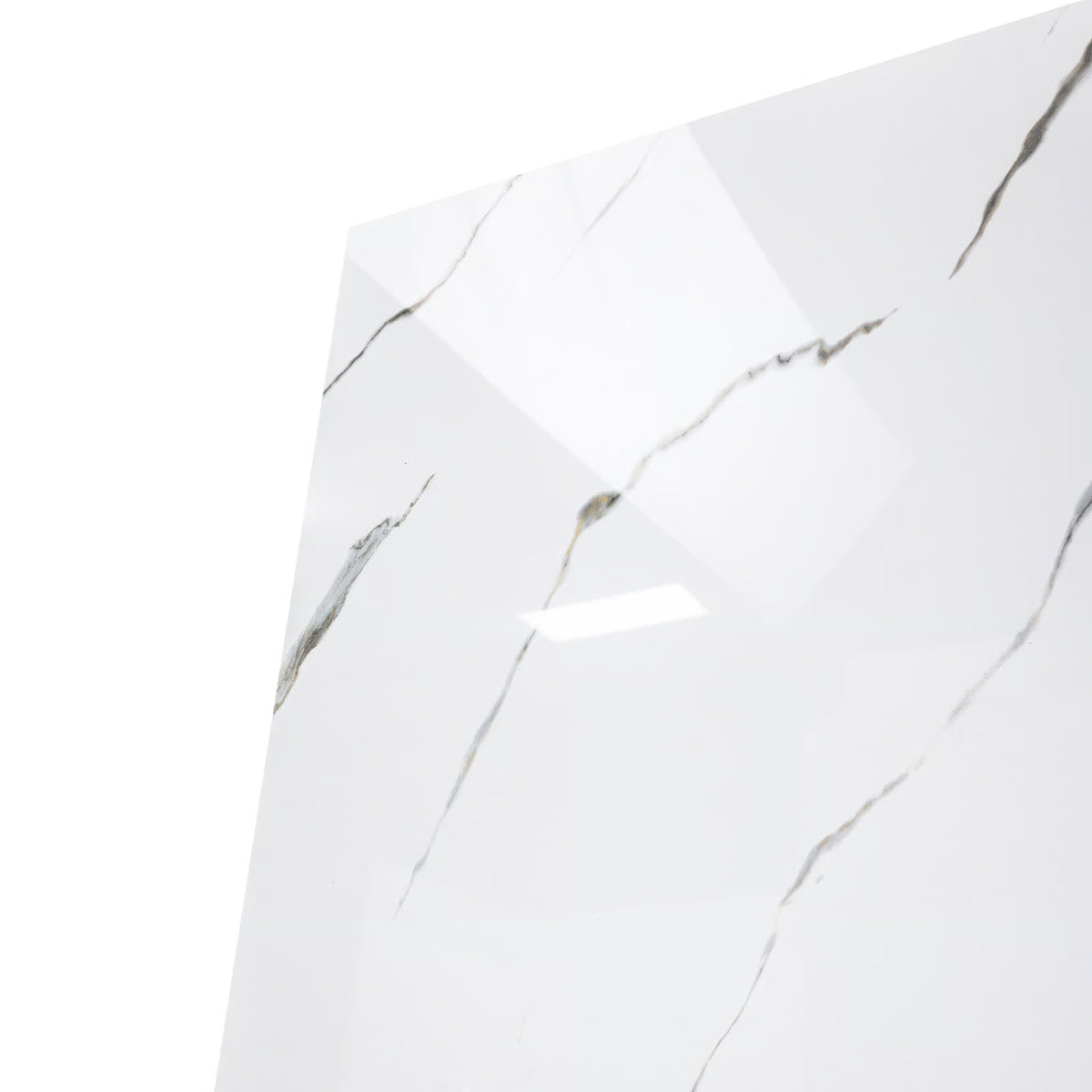 Angled close-up view of a single white-and-gold marble-pattern wall surround panel, isolated on a white background.