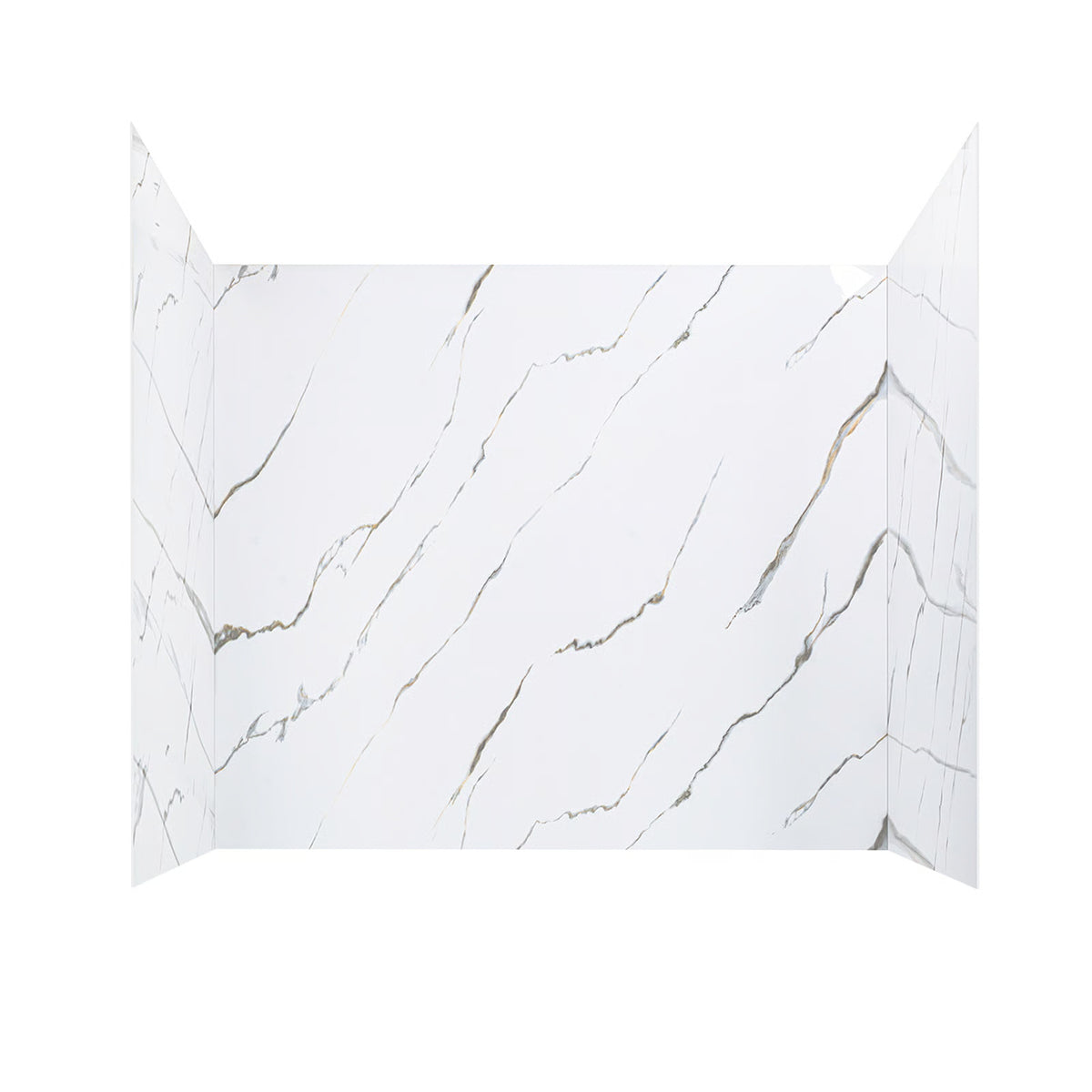 Three-panel white-and-gold marble-pattern bathtub wall surround, isolated on a white background.