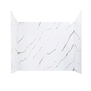 Three-panel white-and-gold marble-pattern bathtub wall surround, isolated on a white background.