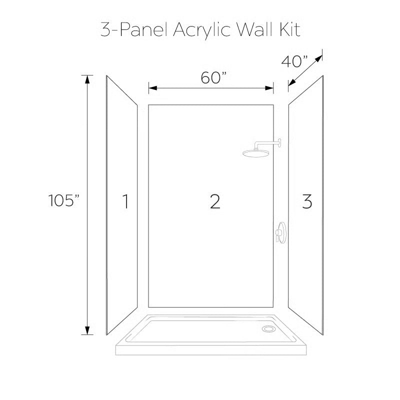 Ella's Bubbles Glacier Grey, Acrylic 3-Panel Shower Wall Kit Surround 40″ x 60″ x 105″ SW-406098-LS