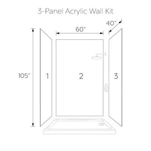 Ella's Bubbles Glacier Grey, Acrylic 3-Panel Shower Wall Kit Surround 40″ x 60″ x 105″ SW-406098-LS