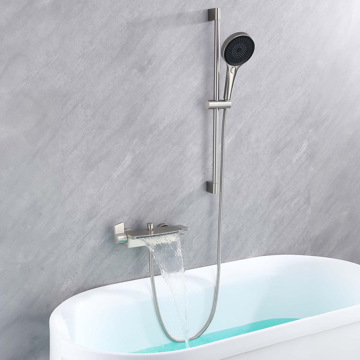 Ella's Bubbles Waterfall Bathtub Faucet Wall Mount with 24″ Slider and Hand Held Shower WMF