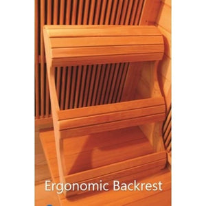 A close-up shot of an ergonomic wooden sauna backrest featuring tiered horizontal curved slats, placed on a wooden bench inside a sauna, with the caption 'Ergonomic Backrest' at the bottom.