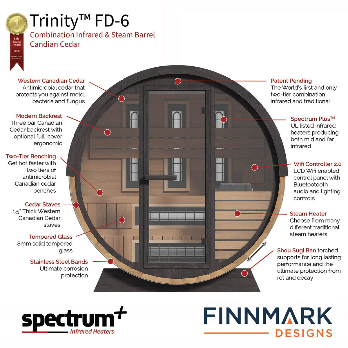 Finnmark 4-Person Trinity FD-6 Combination Infrared & Steam Barrel Canadian Cedar
