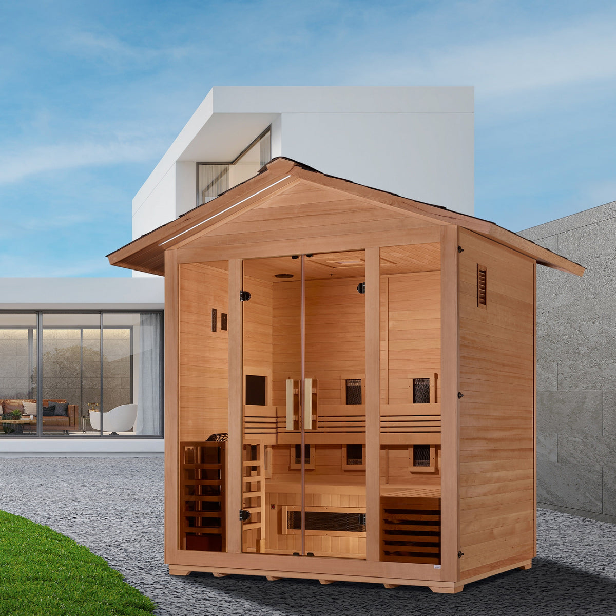 Golden Designs "Gargellen" 5 Person Hybrid (PureTech Full Spectrum IR or Traditional Stove) Outdoor Sauna - Canadian Hemlock GDI-8125-01