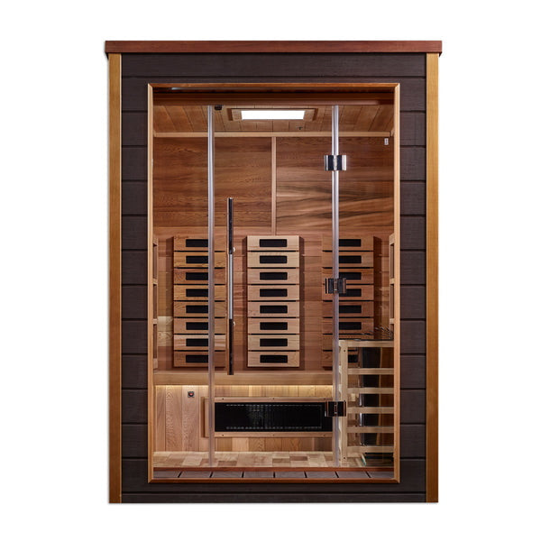 Golden Designs Nora 2 Person Outdoor-Indoor PureTech Hybrid Full Spectrum Sauna Canadian Red Cedar Interior GDI-8222-01