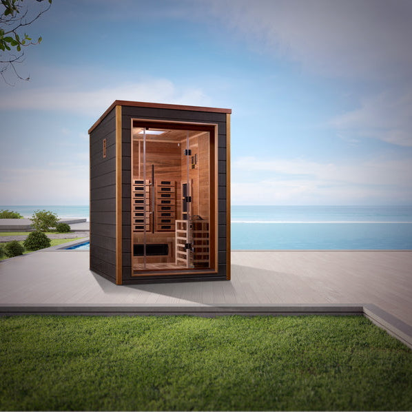 Golden Designs Nora 2 Person Outdoor-Indoor PureTech Hybrid Full Spectrum Sauna Canadian Red Cedar Interior GDI-8222-01