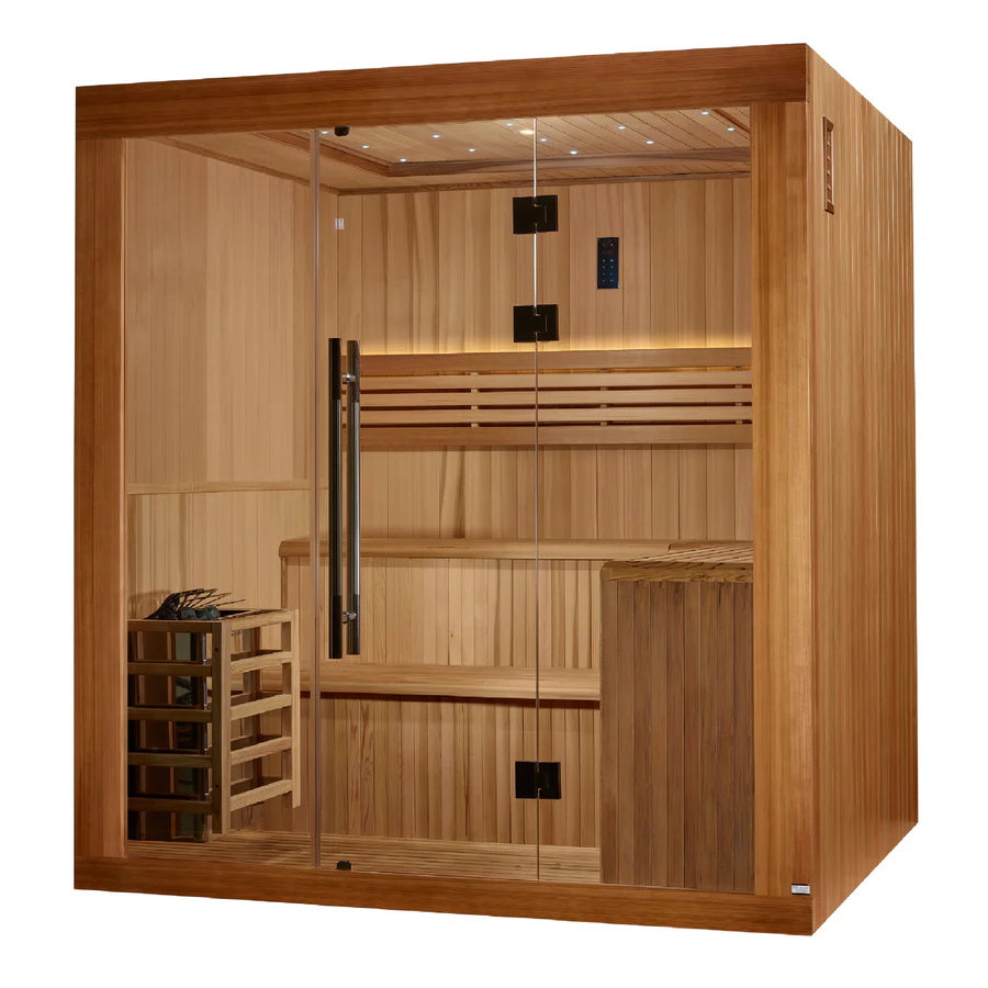 Golden Designs 2025 Updated "Osla Edition" 6 Person Traditional Sauna - Canadian Red Cedar Interior and Pacific Premium Clear Cedar Exterior GDI-7689-02