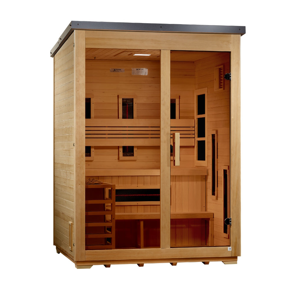 Golden Designs ***New 2026 Model*** Carinthia" 3 Person Hybrid (PureTech™ Full Spectrum IR or Traditional Stove) Flat Roof Outdoor Sauna GDI-8023-01
