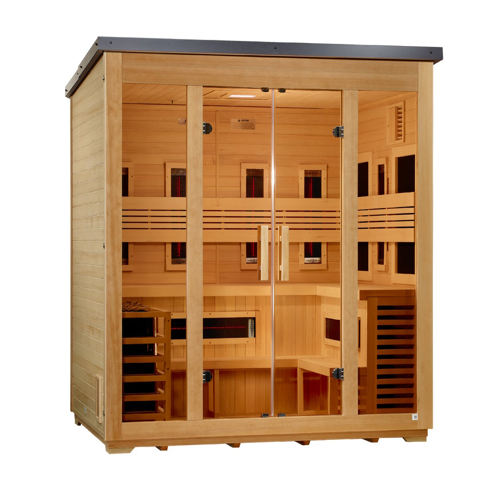 Golden Designs ***New 2026 Model*** "Gargellen" 5 Person Hybrid (PureTech™ Full Spectrum IR or Traditional Stove) Flat Roof Outdoor Sauna GDI-8025-01