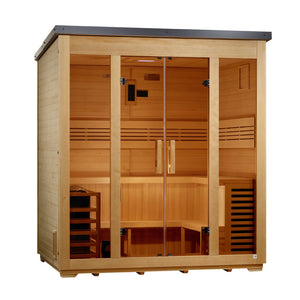 A larger, freestanding wooden sauna cabin with a light-tan plank exterior and a dark metal roof, shown from a slight left angle. The wide front features four glass panels: two fixed outer panes and two central glass doors with vertical wooden handles. Inside, an L-shaped, two-tier wooden bench wraps along the back and right walls, paired with slatted backrests. A wooden-slat heater cage sits on the bottom left, and a vented wooden panel is visible on the bottom right.