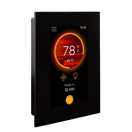 Close-up product shot of a black Harvia Fenix touchscreen control panel against a white background. The rectangular, vertical device features a glowing color display showing a round orange temperature gauge reading "78°C", target temperature "90°C", a fan icon, a light bulb icon, "Ready in: 12 min", and a central orange power button icon at the bottom.