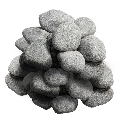 A loose, stacked pile of gray, rounded sauna stones isolated against a white background.