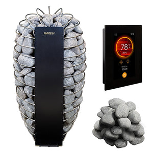 Product package for the Harvia Spirit Black 9kW sauna heater against a white background. On the left is an oval, wall-mounted heater wrapped in a rounded metal wire cage filled with gray rounded sauna stones, featuring a vertical black central panel branded with "HARVIA" near the top. To the right is a black Harvia Fenix touchscreen control panel displaying a round orange temperature gauge reading "78°C" and "Ready in 12 min". Below the control panel is a loose pile of matching gray sauna stones.