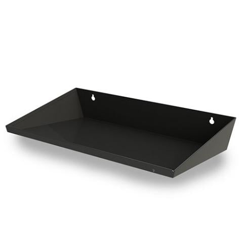A rectangular, low-profile drip tray made of matte black metal, shown from a three-quarter angle against a white background. It features a flat bottom with a raised, shallow lip around the perimeter to contain liquid. The back wall is tallest and has two keyhole-shaped slots for wall mounting. The side walls slope downward toward a very low front edge, giving the tray a wedge-like silhouette.
