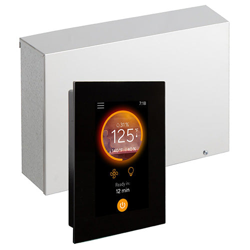 A rectangular, matte-black digital control panel stands in the foreground, angled to the left. Its dark screen displays a prominent orange ring containing the temperature "125°F," with small fan and lightbulb icons below, and a glowing orange power button at the bottom. Positioned behind it on a white background is a large, rectangular metallic silver control box with a brushed finish, completing the hardware set.