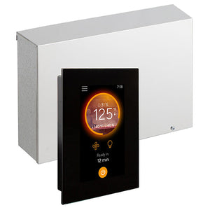 A rectangular, matte-black digital control panel stands in the foreground, angled to the left. Its dark screen displays a prominent orange ring containing the temperature "125°F," with small fan and lightbulb icons below, and a glowing orange power button at the bottom. Positioned behind it on a white background is a large, rectangular metallic silver control box with a brushed finish, completing the hardware set.