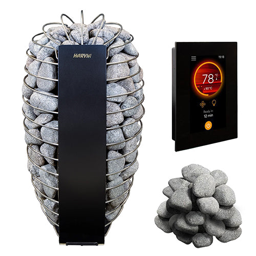 Product package for the Harvia Spirit Black sauna heater against a white background. On the left is an oval, wall-mounted heater wrapped in a rounded metal wire cage filled with gray rounded sauna stones, featuring a vertical black central panel branded with "HARVIA" near the top. To the right is a black Harvia Fenix touchscreen control panel displaying a round orange temperature gauge reading "78°C" and "Ready in 12 min". Below the control panel is a loose pile of matching gray sauna stones.