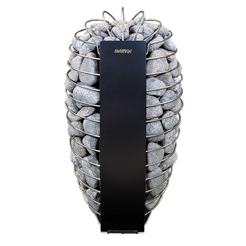 Studio product shot of the Harvia Spirit Black sauna heater against a white background. The wall-mounted heater has an oval, rounded shape enclosed in an open metal wire cage tightly packed with gray rounded sauna stones, featuring a sleek vertical black central panel branded with "HARVIA" near the top.