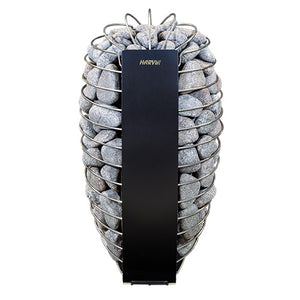 Studio product shot of the Harvia Spirit Black sauna heater against a white background. The wall-mounted heater has an oval, rounded shape enclosed in an open metal wire cage tightly packed with gray rounded sauna stones, featuring a sleek vertical black central panel branded with "HARVIA" near the top.