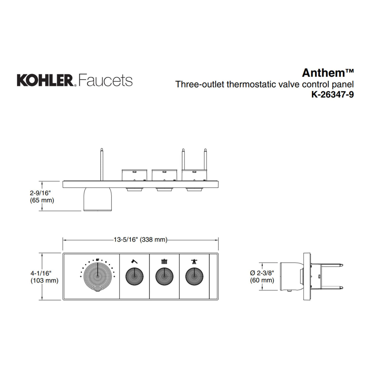 Kohler Anthem, 3-outlet Thermostatic Valve Control Panel K-26347-9