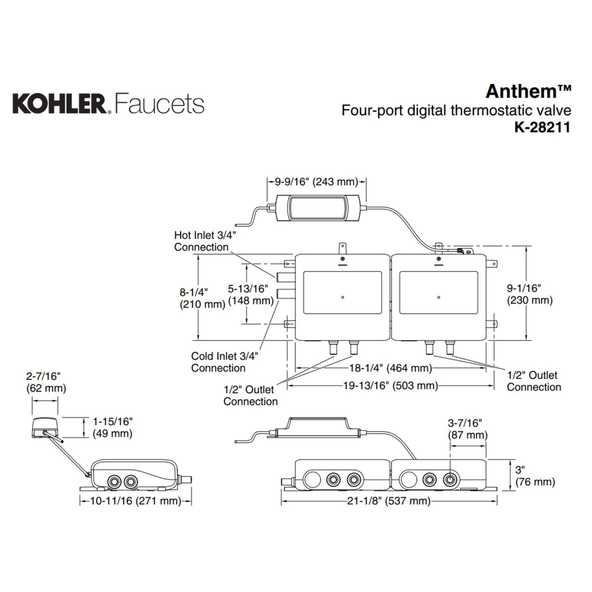 Kohler K-28211 Anthem Four-Port Digital Thermostatic Valve