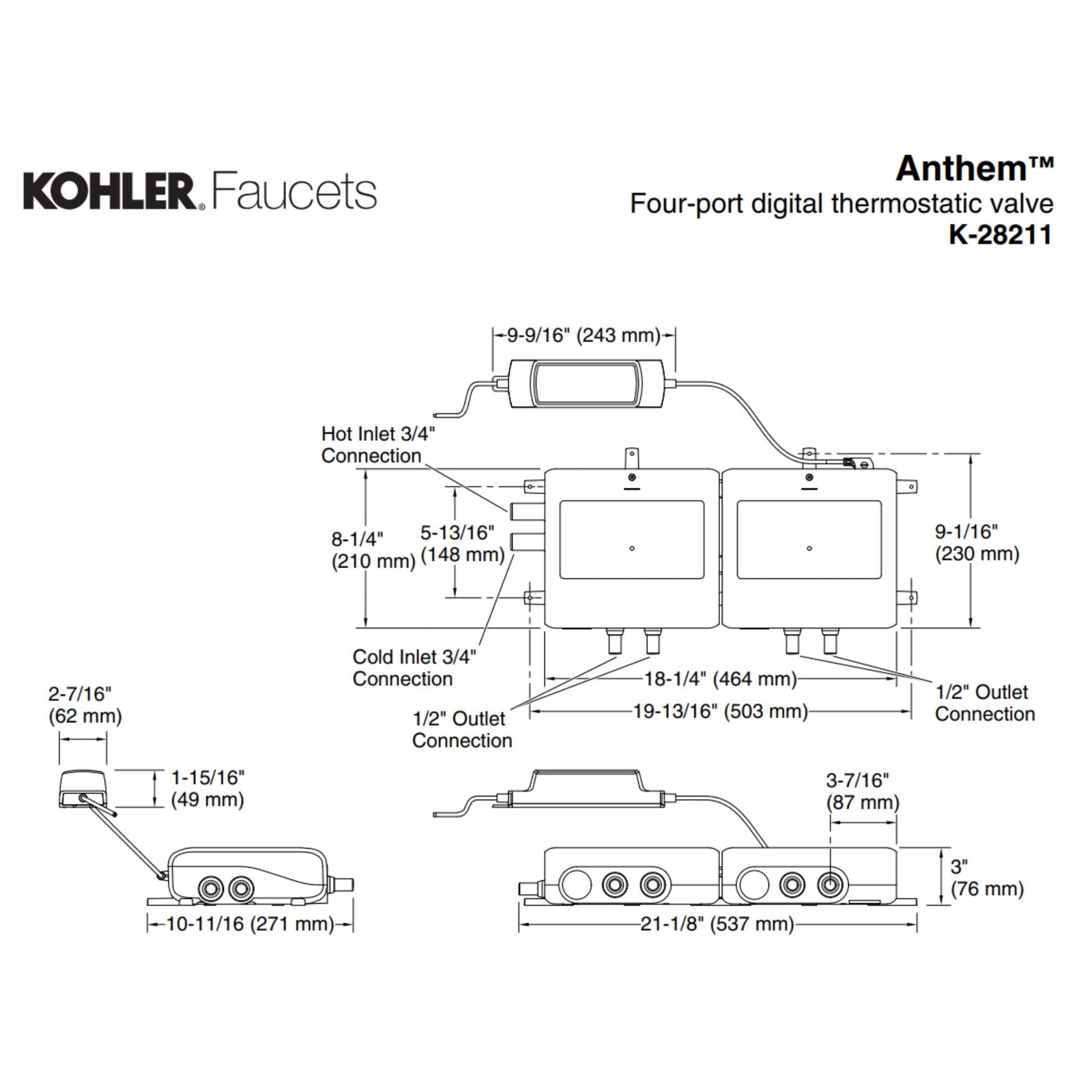 Kohler K-28211 Anthem Four-Port Digital Thermostatic Valve