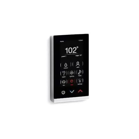 A vertical, rectangular digital control interface with a brushed silver or metallic trim and a glossy black screen. The display shows white text and icons on a dark background. At the top, "102°" is prominently displayed in large white numbers. Below it is a grid of selectable icons including a water droplet for shower, a person for users, a steam cloud, lighting rays, a music note, and a lotus flower. At the bottom, three physical or touch buttons show a power symbol, a blue down arrow, and a red up arrow.