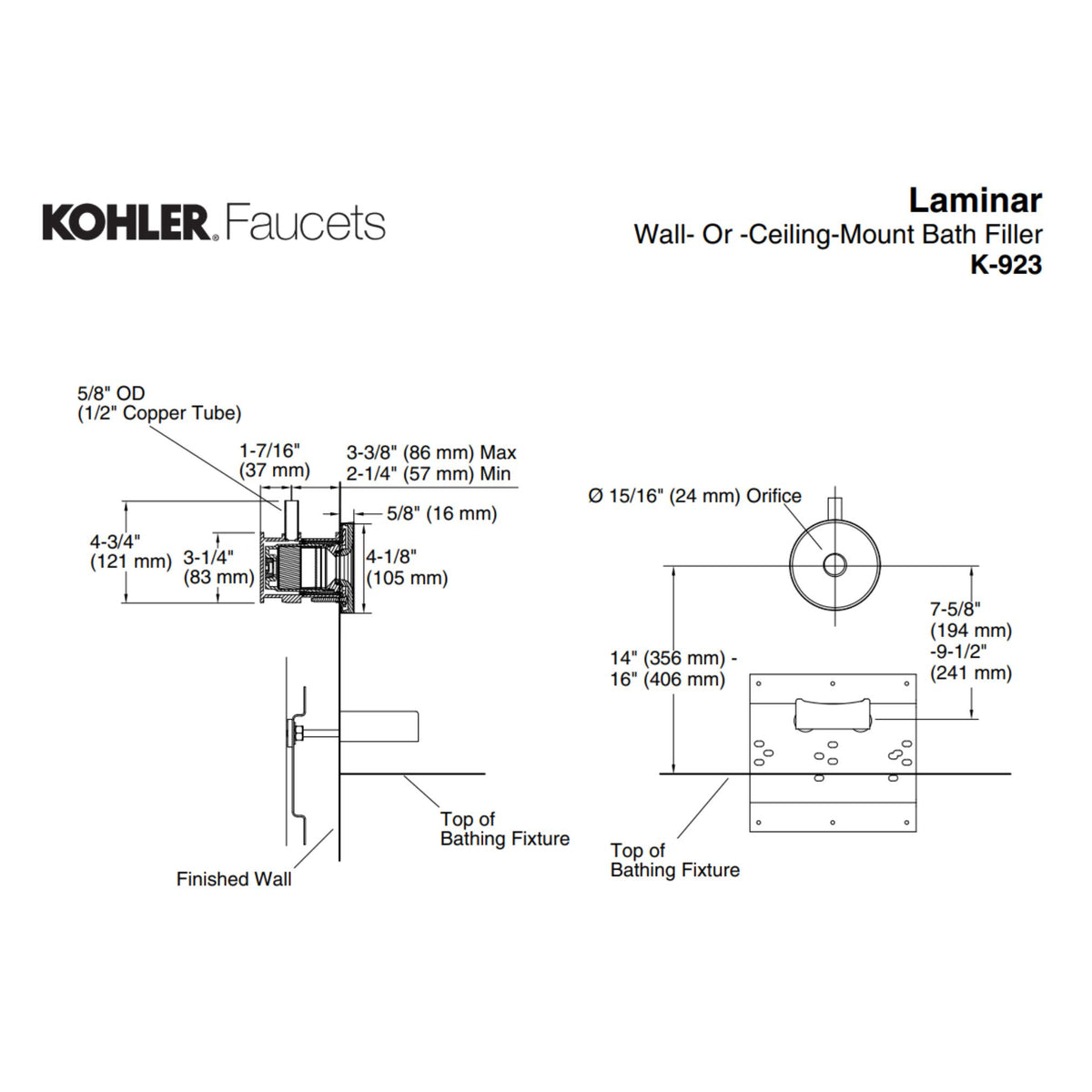 Kohler Laminar Wall-or Ceiling Mount Bath Filler K-923