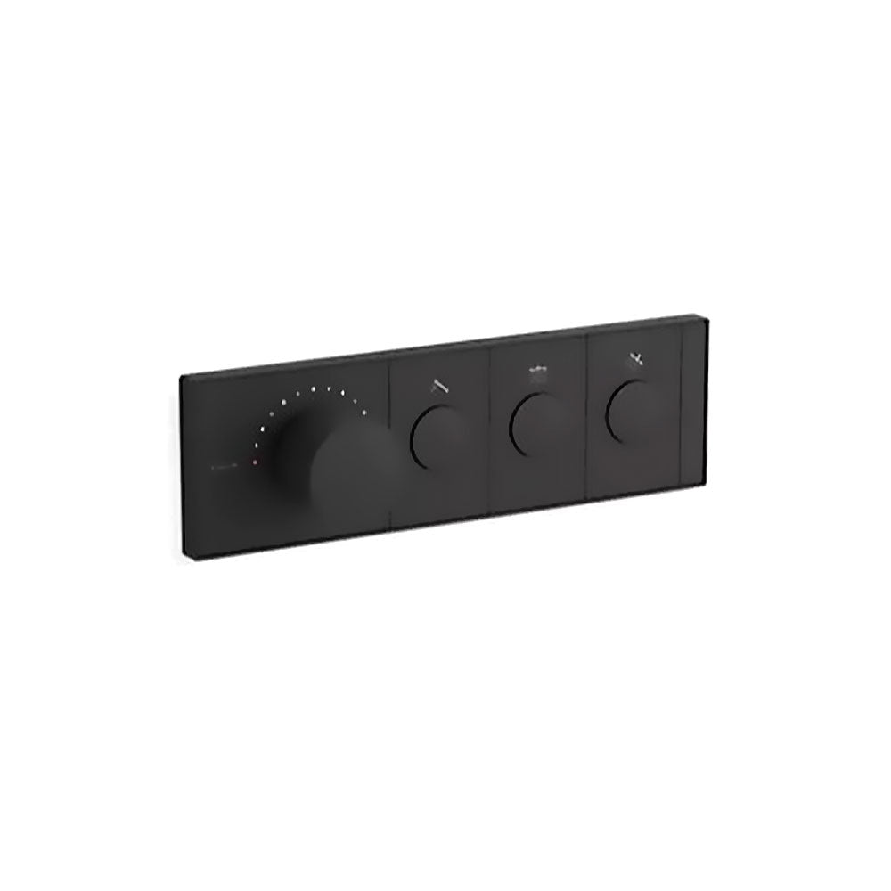 A horizontal, rectangular Kohler K-26347-9 Anthem mechanical thermostatic valve control in brushed brass, angled slightly right against a white background. The sleek faceplate features four cylindrical knobs in a row. The first knob on the left is much larger and thicker, surrounded by small indicator dots for temperature. To its right are three smaller, identical control knobs, each centered within a rectangular segment containing a small icon above it.