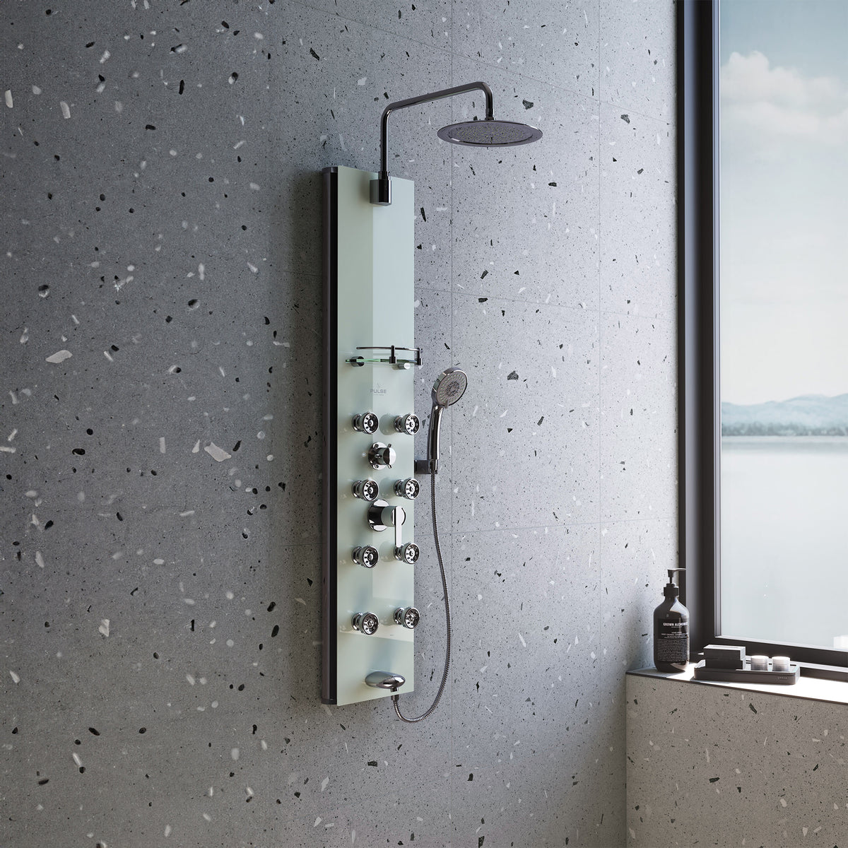 PULSE ShowerSpas Lahaina 9.5-in ShowerSpa with 8-Multi-function Body Jets Multi-function Handshower and Tub Spout Seafoam Glass and Chrome 1030