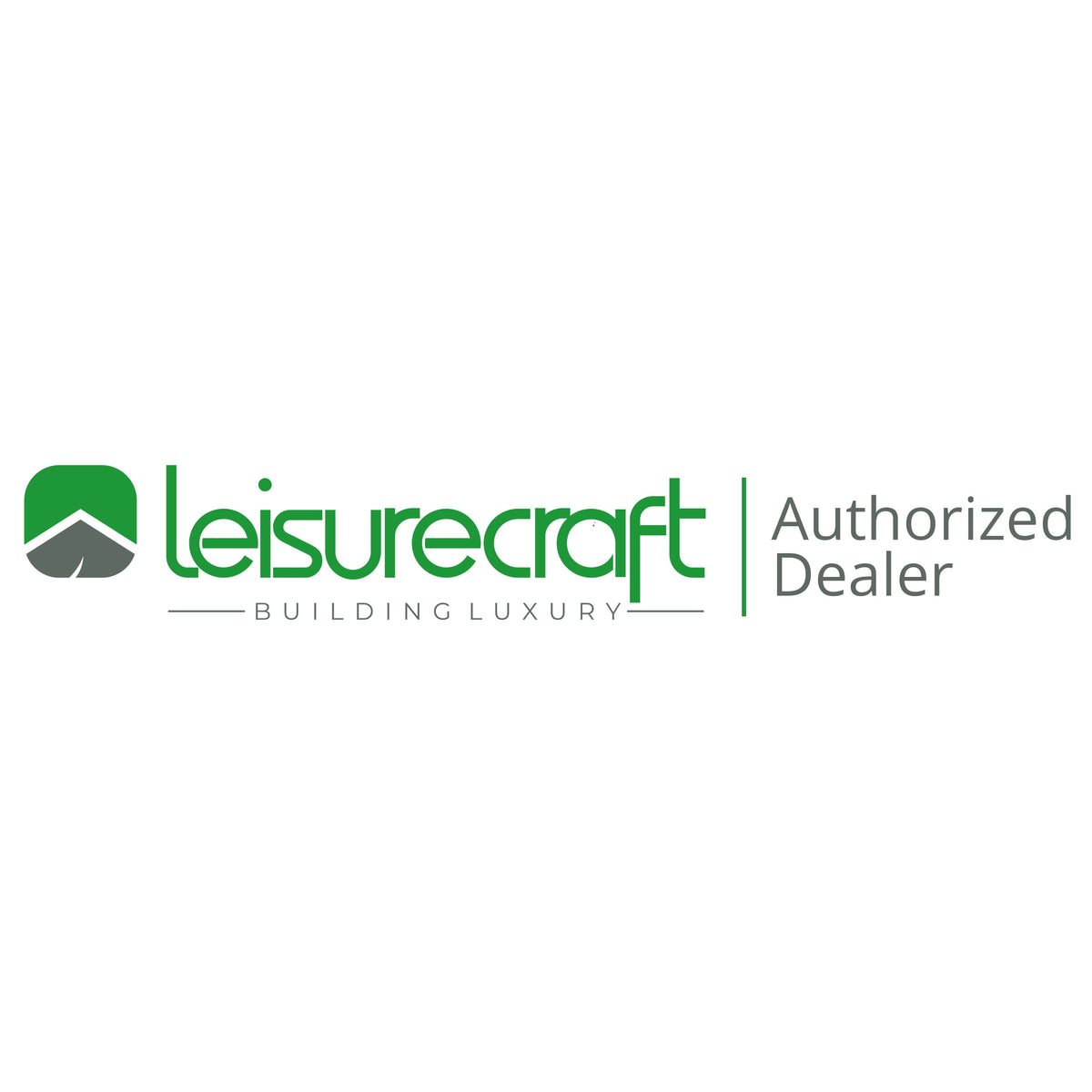 A company logo on a solid white background. On the left is an icon: a rounded square with a bright green top half and a dark gray bottom half, separated by a white, peak-shaped gap that resembles a roofline. To its right, the text "leisurecraft" is written in a stylized, lowercase green font. Below it, the tagline "— BUILDING LUXURY —" appears in thin, uppercase gray letters. A vertical green line separates this main logo from the gray text on the right, which reads "Authorized Dealer" on two stacked lines.