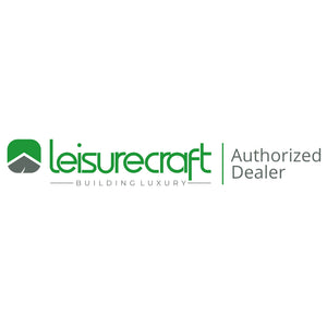 A company logo on a solid white background. On the left is an icon: a rounded square with a bright green top half and a dark gray bottom half, separated by a white, peak-shaped gap that resembles a roofline. To its right, the text "leisurecraft" is written in a stylized, lowercase green font. Below it, the tagline "— BUILDING LUXURY —" appears in thin, uppercase gray letters. A vertical green line separates this main logo from the gray text on the right, which reads "Authorized Dealer" on two stacked lines.