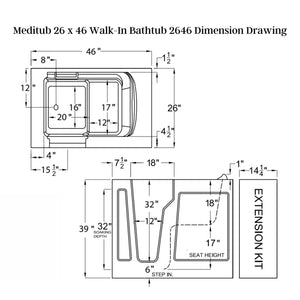 Meditub 26 x 46 Walk-In Bathtub 2646 Dimension Drawing - Vital Hydrotherapy