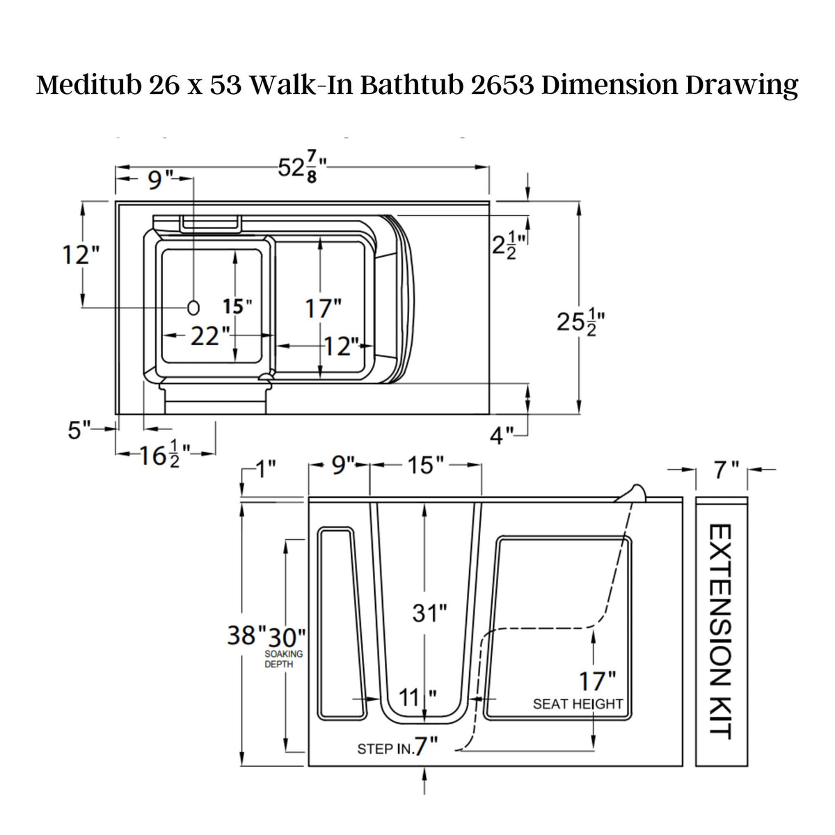 Meditub 26 x 53 Walk-In Bathtub 2653 Dimension Drawing - Vital Hydrotherapy